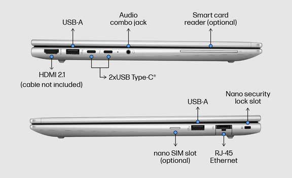HP EliteBook 640 14 inç G11 Notebook Bağlantı Noktaları ve Yuvalar