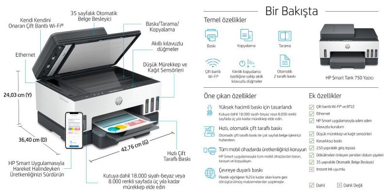 HP Smart Tank 750 All-in-One Yazıcı (6UU47A) Temel Özellikler