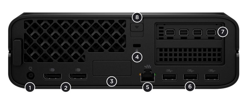 HP Z2 Mini Gi1 İş İstasyonu A2KH2ES (U7,32/1T,RTXA1000) HP Z2 G1i Mini İş İstasyonu Arka Bağlantı Noktaları ve Yuvalar