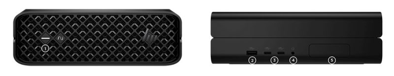 HP Z2 Mini Gi1 İş İstasyonu A2KH2ES (U7,32/1T,RTXA1000) HP Z2 G1i Mini İş İstasyonu Ön ve Yan Bağlantı Noktaları ve Yuvalar