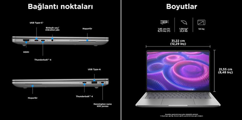HP ZBook Ultra G1a 14 Mobil İş İstasyonu ağlantı Noktaları ve Boyutlar