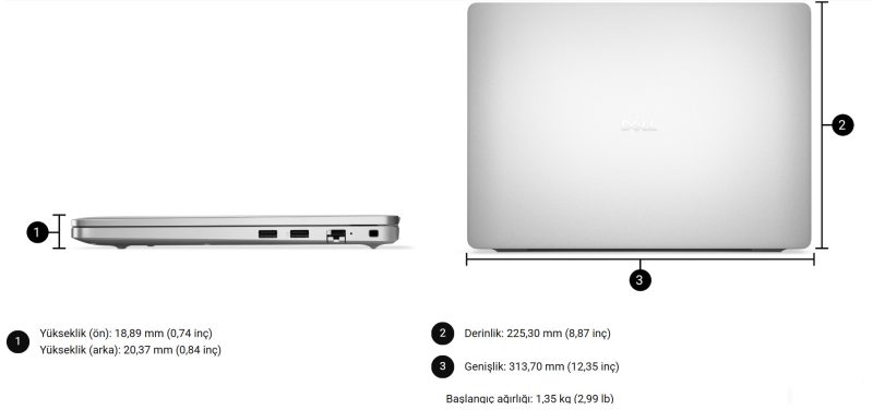 DELL Pro 14 Notebook AI7 16/512 FDOS DELL Pro 14 AMD Boyutlarve Ağırlık