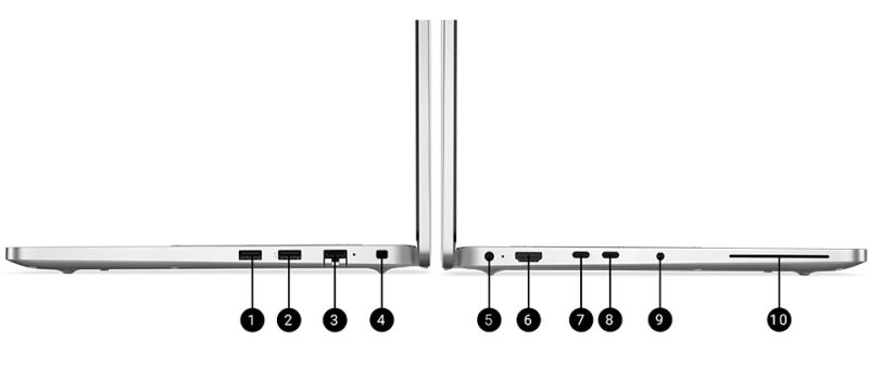 DELL Pro 14 Notebook U7 16/512 W11P DELL Pro 14 Bağlantı Noktaları ve Yuvalar