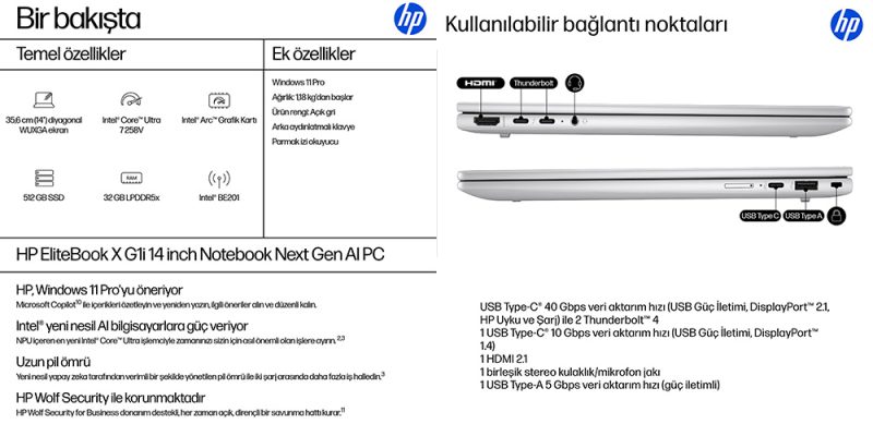 HP EliteBook X Flip G1i U7V 32/512 W11P (C8JG5ET) HP EliteBook X1 Flip Özellikler