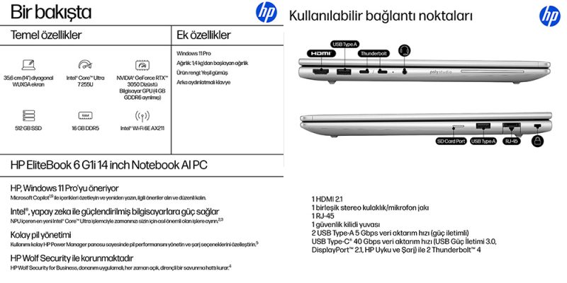 HP EliteBook 6 G1i 14 inch Notebook AI PC Özellikler U7